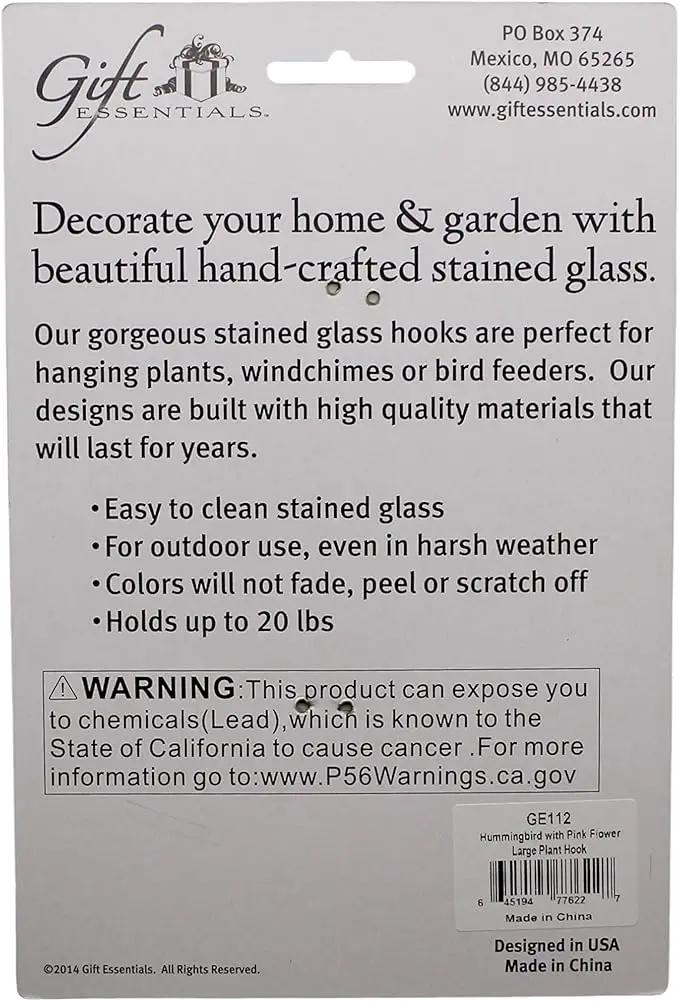 Plant Hanger Hook - Hummingbird with Pink Flower - Stained Glass Sun Catcher Plant Hook for Indoor and Outdoor Use - Copper S Hooks Top and Bottom by GreenHaven Gardens