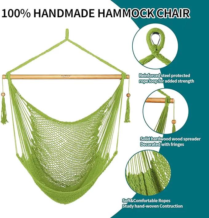 JoyView Hammock Chair with Spreader Bar Caribbean Hammock Swing Chair 300 LBS Weight Capacity XL Rope Hanging Chair for Outdoor Indoor Garden Yard - Light Green by GreenHaven Gardens