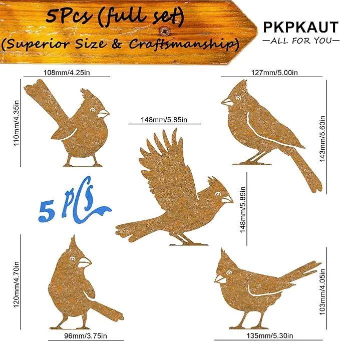 5Pcs Metal Birds Cardinal Craft Statue Ornaments Fence Topper Decor, Rusty Birds Metal Art for Fence Decorations Outdoor, Metal Bird Silhouette with Rusty Yard Art by GreenHaven Gardens