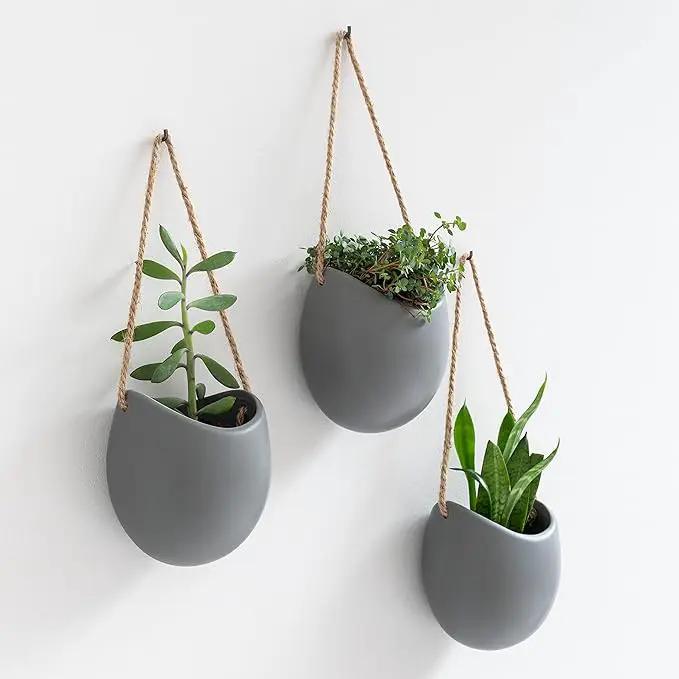 Wall Planters -Ellie- | Hanging Ceramic Plant Pots 3 Pieces | Wall Decoration for Indoors, Balcony and Garden | Grey (Matte) by GreenHaven Gardens