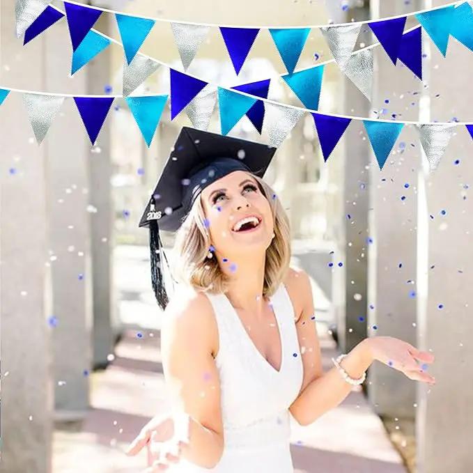 Navy Blue Silver Party Decorations Metallic Fabric Triangle Pennant Banner Flag Bunting Garland for Graduation Birthday Retirement Wedding Bachelorette Nautical Ahoy Achor Outdoor Party Supplies by GreenHaven Gardens