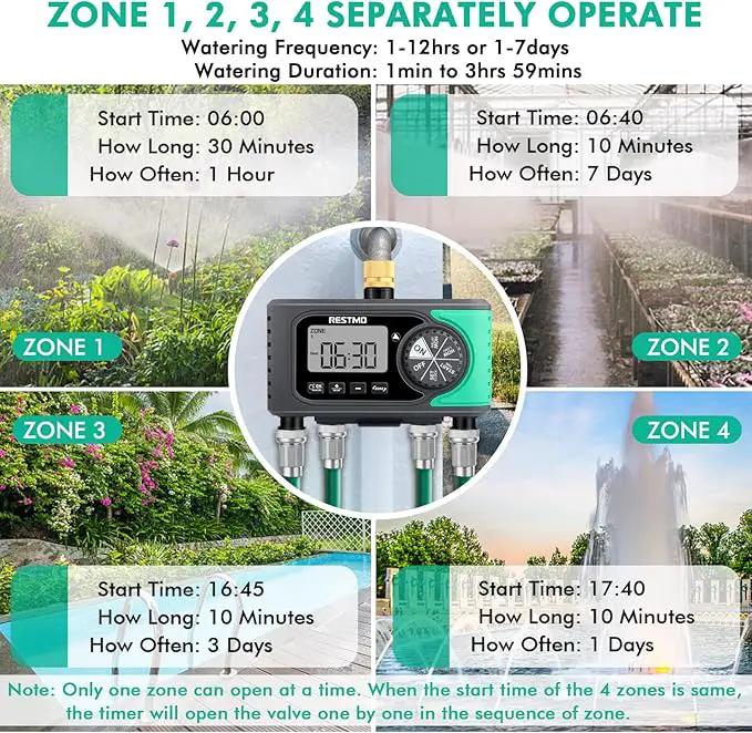 RESTMO 4-Outlet Sprinkler Timer with Brass Inlet, 4 Zone Programmable Water Timer for Garden Hose, Automatic Digital Control | Manual ON/Off | Rain Delay, for Outdoor Faucet, Drip Irrigation and Lawn by GreenHaven Gardens