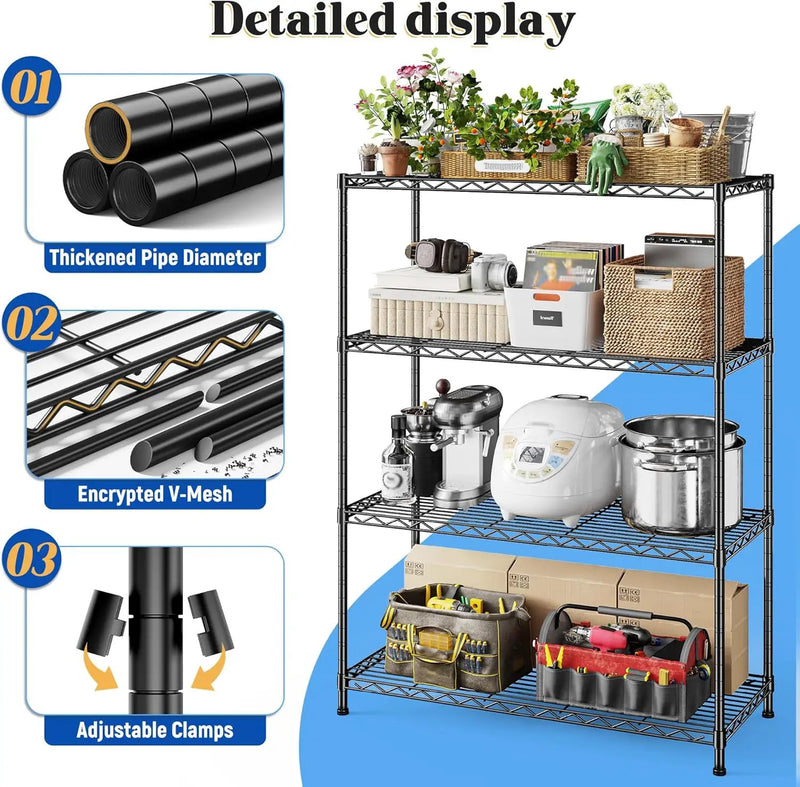 4- Shelf Metal Shelving Unit Adjustable Storage Shelves Heavy Duty Garage Shelving Steel Wire Shelving for Laundry Bathroom Kitchen Pantry Closet Garage Black, 35.6Wx16Dx54H by GreenHaven Gardens