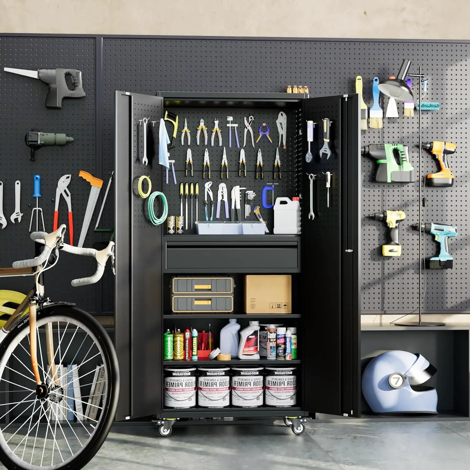 Aobabo Metal Storage Cabinet with Wheels and Adjustable Pegboard, Steel Rolling Tool Cabinet with 16 Hooks and 1 Interior Drawers for Garage, Home, Office, Kitchen, Black, Assembly Required by GreenHaven Gardens