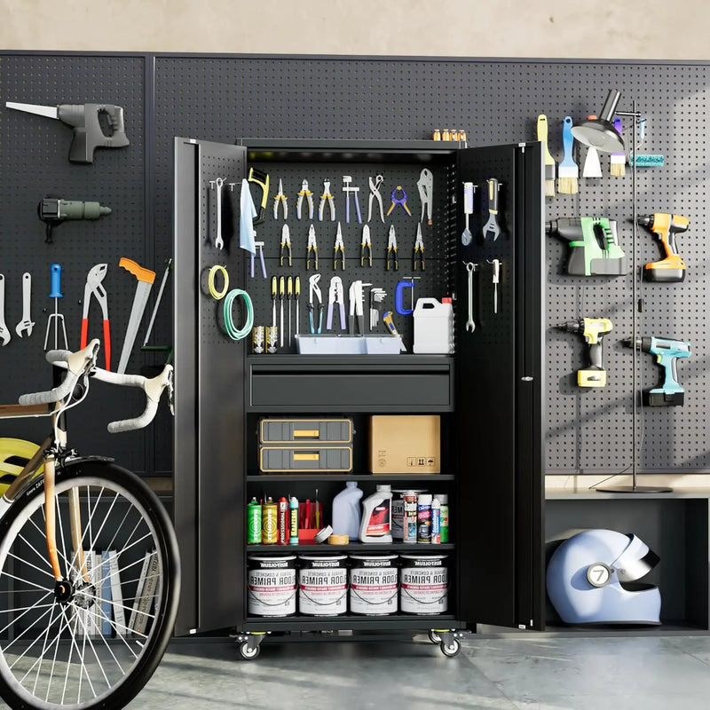 Aobabo Metal Storage Cabinet with Wheels and Adjustable Pegboard, Steel Rolling Tool Cabinet with 16 Hooks and 1 Interior Drawers for Garage, Home, Office, Kitchen, Black, Assembly Required by GreenHaven Gardens