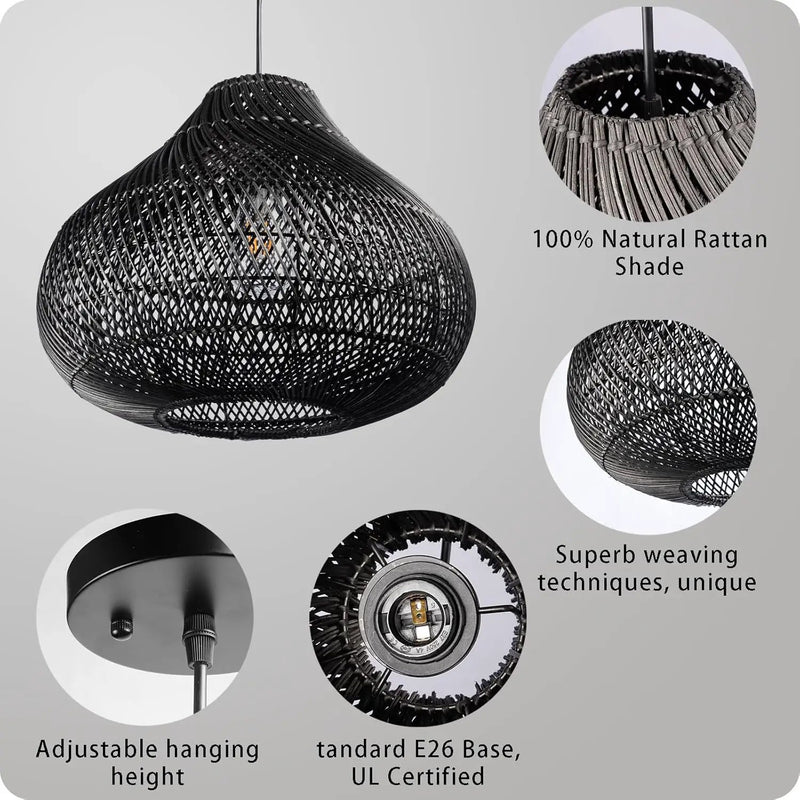 Karjear Black Rattan Chandelier, 16.5 inch Large Wicker Pendant Lights Fixture Hand-Woven Basket Hanging Light for Dining Room Kitchen Island Living Room by GreenHaven Gardens