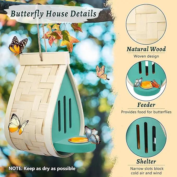 2 Pcs Butterfly House and Feeder, Wooden Hanging Butterfly House for Garden, Natural Butterfly Habitat with Butterfly Puddler for Bugs, Butterflies, Moths, Lacewings by GreenHaven Gardens