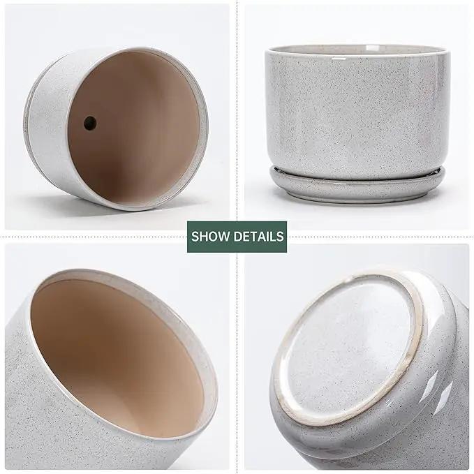Ton Sin Plant Pots, 4.1+5.1+6.5 inch, Set of 3, Ceramic Planters with Drainage Hole and Saucer, Indoor Flower Pot with Hole Mesh Pad, Gifts for Mom(Reactive Glaze White)