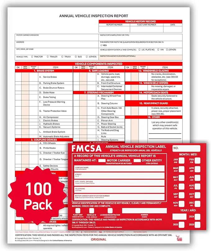 100 Pack 3-Ply Carbonless Annual Vehicle Inspection Report Forms with FMCSA Red Aluminum Adhesive Labels, DOT Inspection Forms and Stickers, Shrink-Wrapped, 8.5" x 11.75" - Made in USA by GreenHaven Gardens