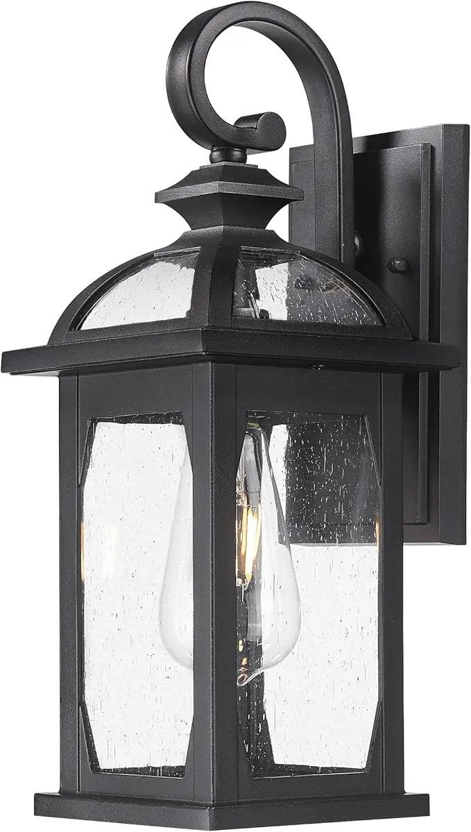 zeyu Outdoor Porch Light Wall Light Fixture, 15 Inch Exterior Wall Lighting for House, Die-Cast Aluminum with Seeded Glass, Black Finish, ZD100B BK by GreenHaven Gardens