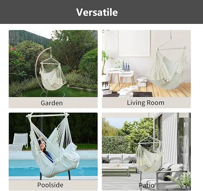 Hanging Hammock Chair Swing MAX 500 lbs Outdoor Hanging Chair with Footrest Indoor Swing Chair with Portable Steel Spreader Bar and Hardware Kit for Bedroom Living Room Patio Porch - White by GreenHaven Gardens