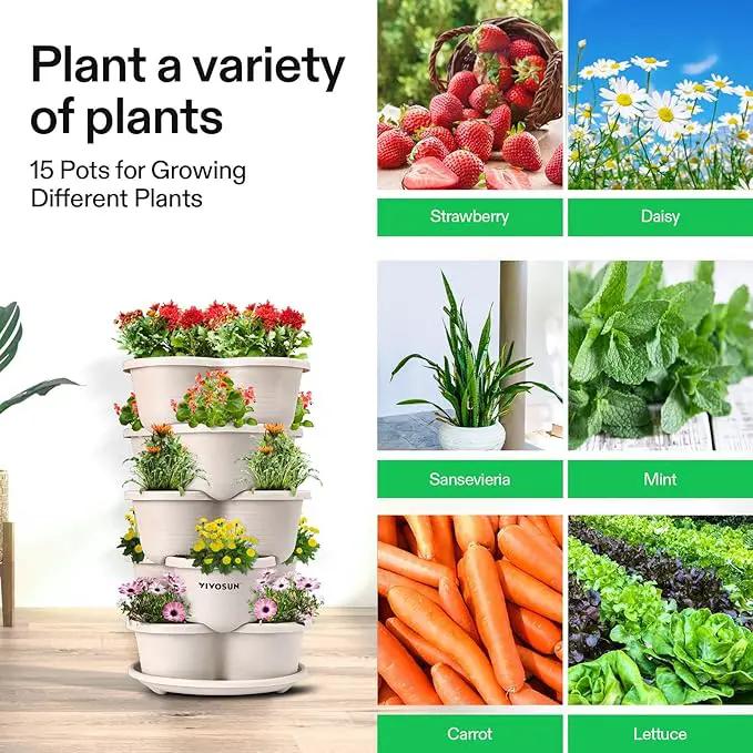 VIVOSUN 5 Tier Vertical Gardening Stackable Planter for Strawberries, Flowers, Herbs, Vegetables, Ivory by GreenHaven Gardens