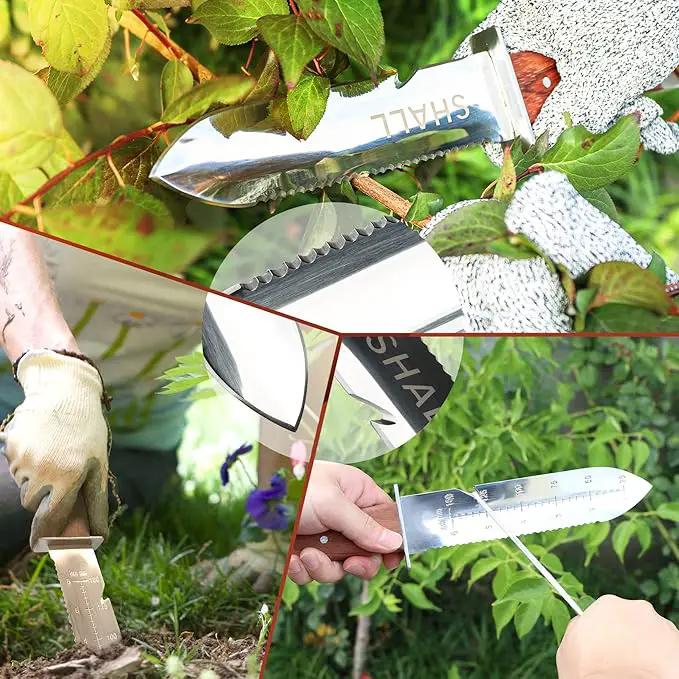 SHALL Hori Hori, Japanese Garden Knife, Soil Knife with Leather Sheath, Rosewood Handle & Hide Rope, 7” Stainless Steel Blade, Rope Cutting Edge, for Digging, Weeding, Planting, Full-Tang by GreenHaven Gardens
