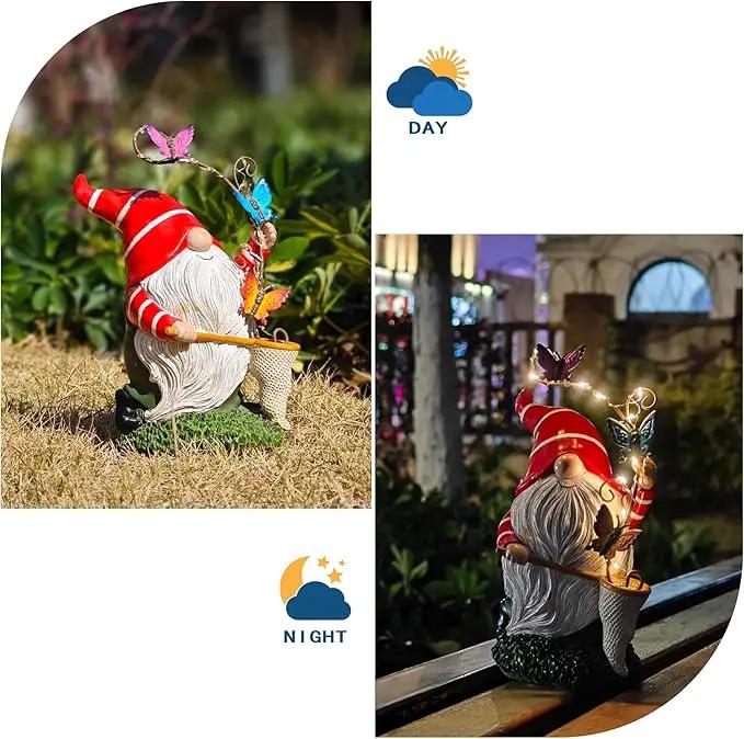 Solar Powered Gnome Garden Statue with Iron Butterflies - LED Lighted Garden Decorations, Resin Gnome with Butterfly Net, Gifts for Women and Men，Outdoor Decor Ornaments for Outside by GreenHaven Gardens