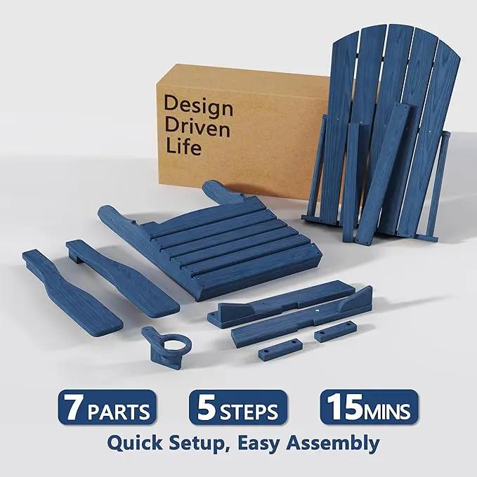 Folding Adirondack Chair Set of 4 with Cup Holder, HDPE All Weather Resistant Plastic Outdoor Patio Chairs, Heavy Duty Fire Pit Seating for Backyard Lawn Garden, Wooden Textured Design(Navy Blue) by GreenHaven Gardens