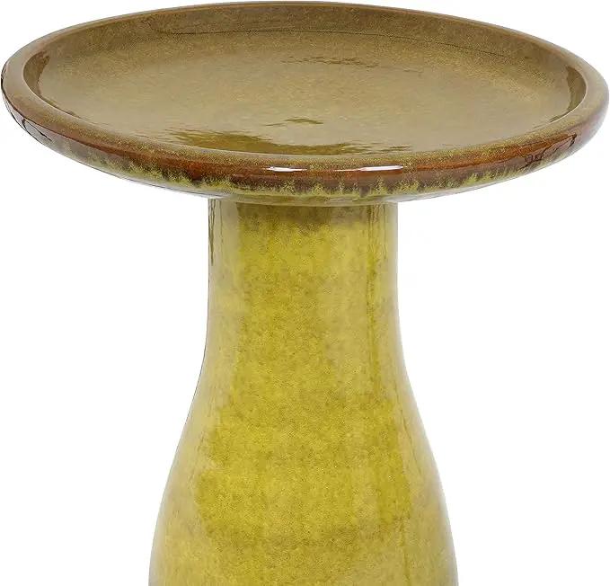 Sunnydaze 21" H Ceramic Bird Bath for Outside - Hand-Painted Outdoor Bird Bath Bowl, UV/Frost-Resistant Finish - Cognac Yellow - Ribbed Pedestal by GreenHaven Gardens