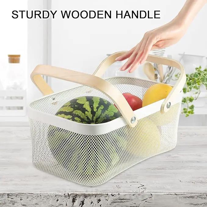 Portable Garden Harvest Basket-Mesh Design Natural Bamboo Handle Wire Storage Baskets,Mesh Basket with Handle Organize Items Reduce Space Occupation,Suitable for Kitchen,Garden,Picnic(White) by GreenHaven Gardens