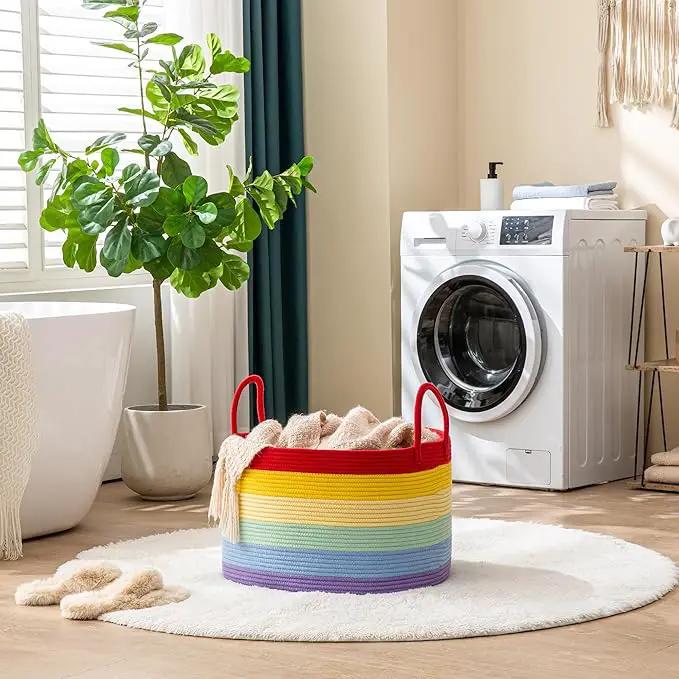 KAKAMAY Large Blanket Basket (20"x13"),Woven Baskets for storage Baby Laundry Hamper, Cotton Rope Blanket Basket for Living Room, Laundry, Nursery, Pillows, Baby Toy chest (Rainbow) by GreenHaven Gardens