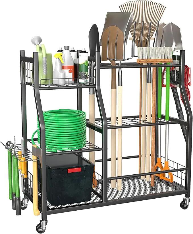 Ultrawall Garden Tool Organizer, Yard Tool Storage Rack for Garage Organization with Lockable Wheels, Garden Tool Stand for Rake, Brooms, Indoor & Outdoor Use by GreenHaven Gardens