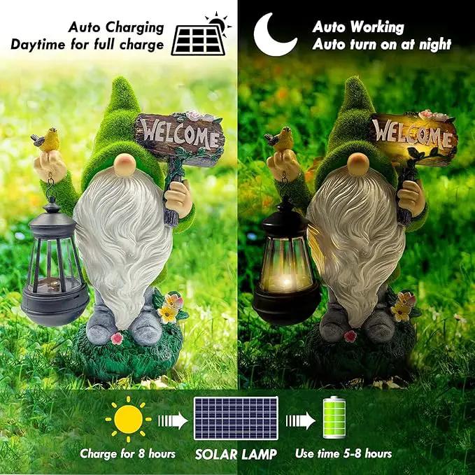 Lovinland Garden Gnome Statue Outdoor Decor Large Flocked Resin Gnome Figurine with Solar Light Holding Lantern Welcome Sign Garden Yard Decorations Dwarf Sculpture for Outside Patio Porch Lawn Decor by GreenHaven Gardens