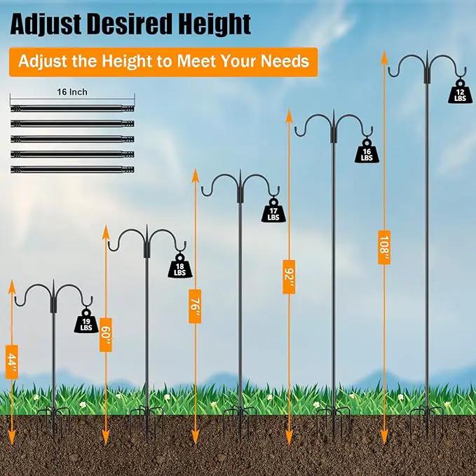 FEED GARDEN Adjustable Double Shepherds Hook for Outdoor with 5 Prong Base 108 Inch Heavy Duty Two Sided Bird Feeder Pole for Hanging Plant Baskets, Solar Light Lanterns, Wind Chimes 2 Pack by GreenHaven Gardens