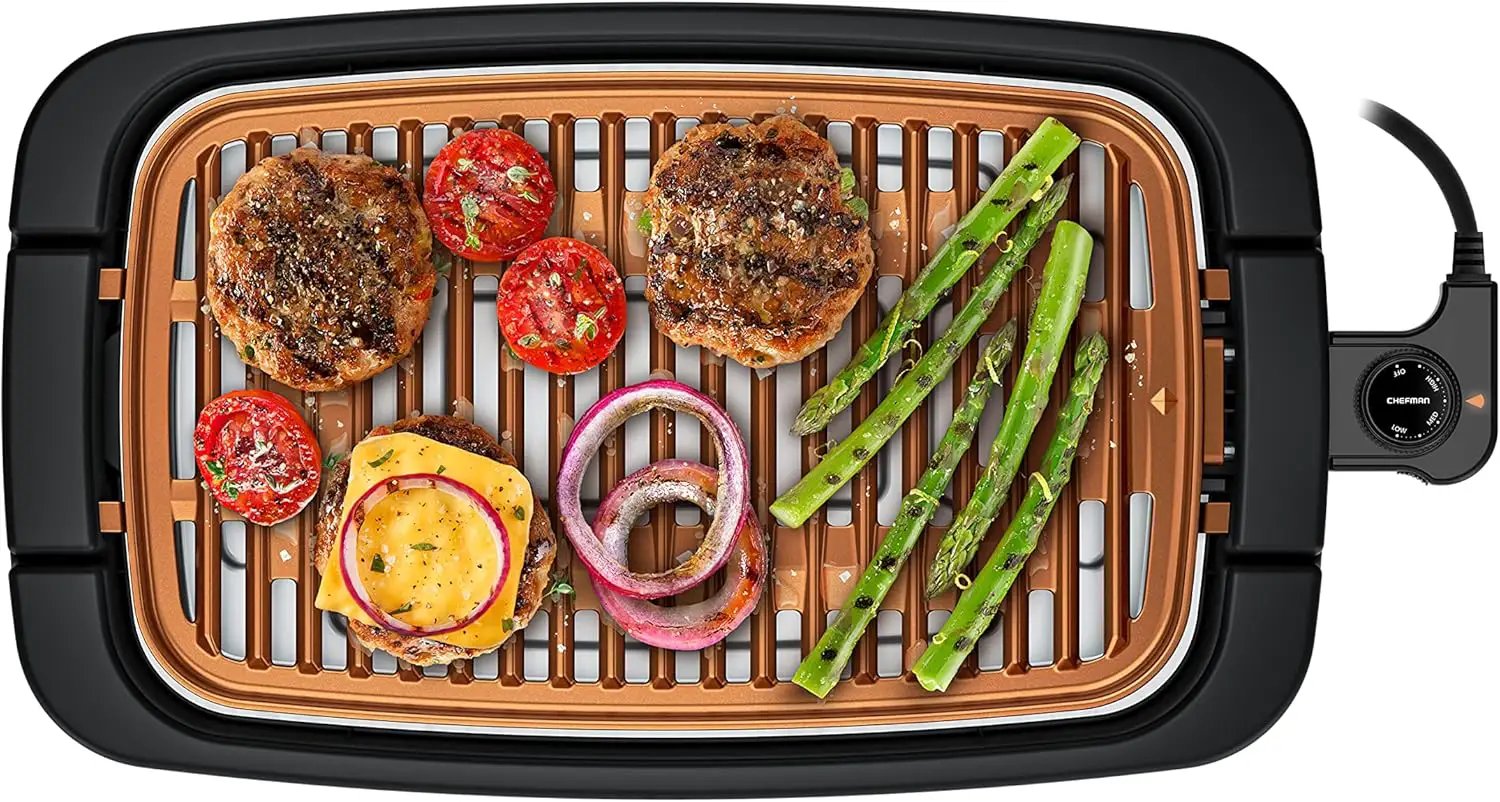 Chefman Smokeless Indoor Electric Grill, Copper, Extra Large, Nonstick Table Top Grill for Indoor Grilling and BBQ with Adjustable Temperature Control, Nonstick Dishwasher-Safe Parts, 9" x 15" by GreenHaven Gardens