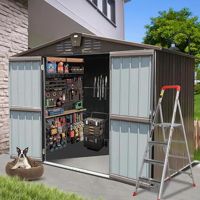 Domi Outdoor Storage Shed 8.2' x 6.2', Metal Steel Utility Tool Shed Storage House with Double Lockable Doors & Air Vents for Backyard Patio Garden Lawn Brown by GreenHaven Gardens