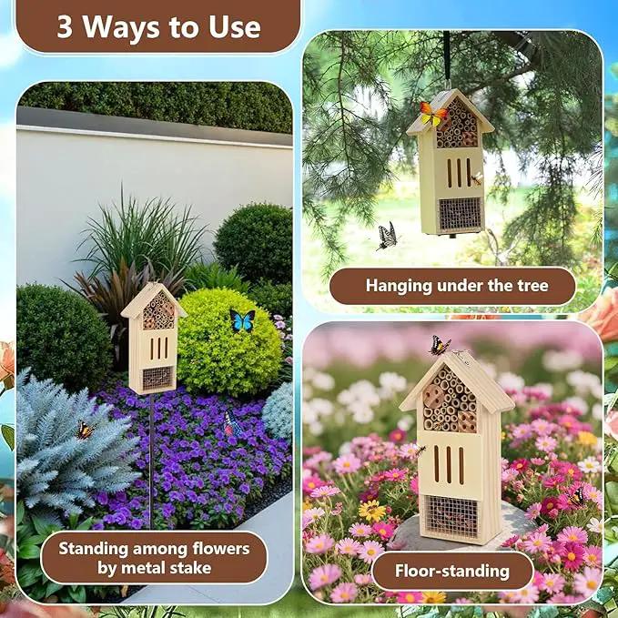 Wooden Insect House, Bee House with Metal Stake for Gardens, Insect Hotel & Butterfly Hotel on The Ground or Hanging on Tree Wall, Natural Insect Habitat for Bee, Butterfly, Ladybirds, Bugs by GreenHaven Gardens