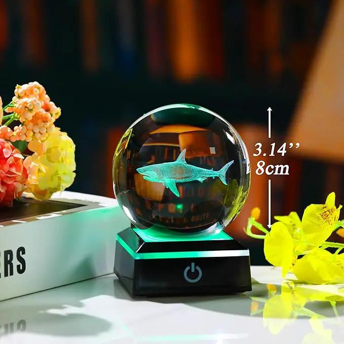 Shark Gifts for Women Men 3D Crystal Ball 3.14'' - Laser Shark Decor Glass Animals Figurines Statue Stuff for Room Night Light Shark Gifts for Mom by GreenHaven Gardens