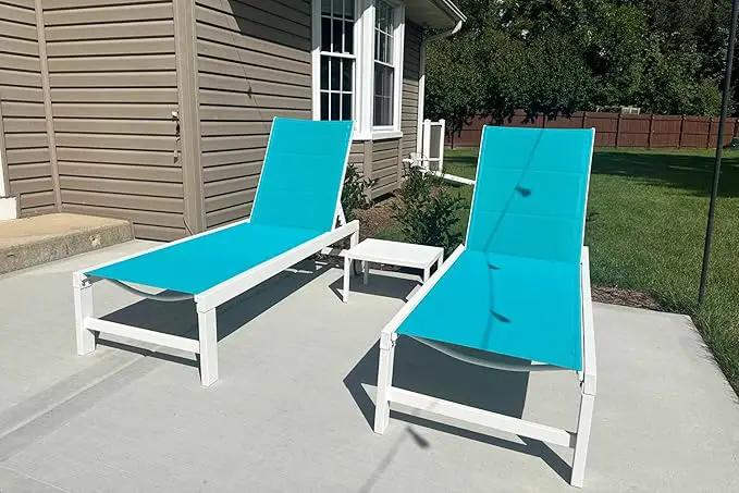 PURPLE LEAF Outdoor Chaise Lounge Staight Legs Adjustable Sunbathing Recliner with Side Table Blue 2 Sets by GreenHaven Gardens