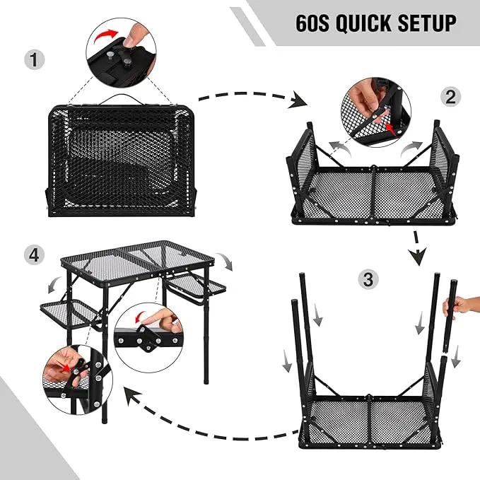 RedSwing Folding Grill Table with Extra Space, Adjustable Height Portable Small Stand Table for Outdoor Indoor Camping Picnic BBQ, Black with Side Table by GreenHaven Gardens