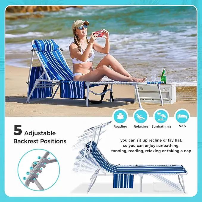 #WEJOY Folding Lounge Chair with Canopy Shade, Portable Adjustable 5-Position Patio Chaise Lounger with Pillow & Pouch for Lay Flat Outdoor Lawn Backyard Beach Camping Pool Tanning (Blue White) by GreenHaven Gardens