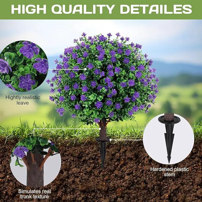 Artificial Purple flower Topiary Ball Tree 25" with Ground Spike, Set of 2 Artificial Boxwood Bushes for Faux Shrubs, Fake Evergreen Faux Plant for Indoor Outdoor Garden -UV Resistant–Fade-Proof by GreenHaven Gardens