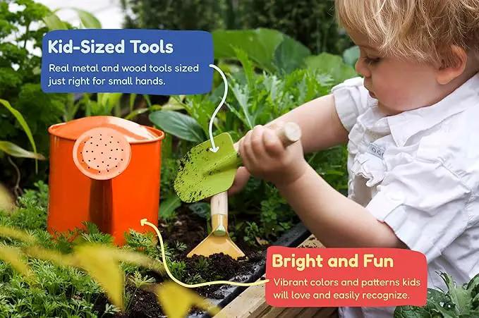 Gardening Set, Tool Kit, for Kids, STEM, Includes Tote Bag, Spade, Watering Can, Rake, Fork, Trowel and Gloves (Sunshine) by GreenHaven Gardens