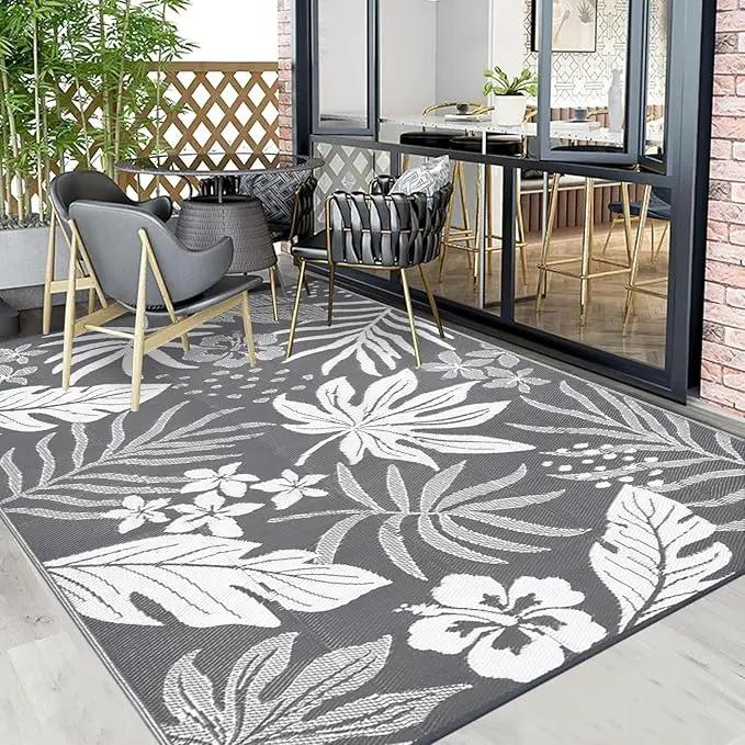 Pauwer Waterproof Outdoor Rug 6x9, Reversible Plastic Straw Patio Camping Rug, Indoor Outdoor RV Mat Carpet for Deck, Camper, Porch, Balcony, Backyard, Picnic, Floral Grey by GreenHaven Gardens