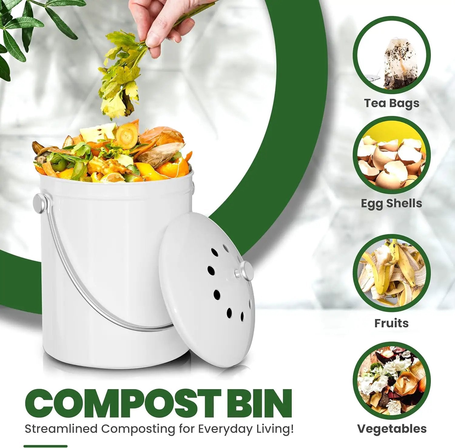 Utopia Kitchen Compost Bin for Kitchen Countertop, 1 Gallon Compost Bucket for Kitchen with Lid, Includes 1 Spare Charcoal Filter (White) by GreenHaven Gardens