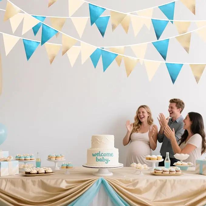 Champagne Gold Sky Blue Beige Decorations Metallic Fabric Triangle Pennant Banner Bunting Flag Garland for Birthday Baby Shower Engagement Wedding Graduation Bridal Shower Party Decorations Supplies by GreenHaven Gardens