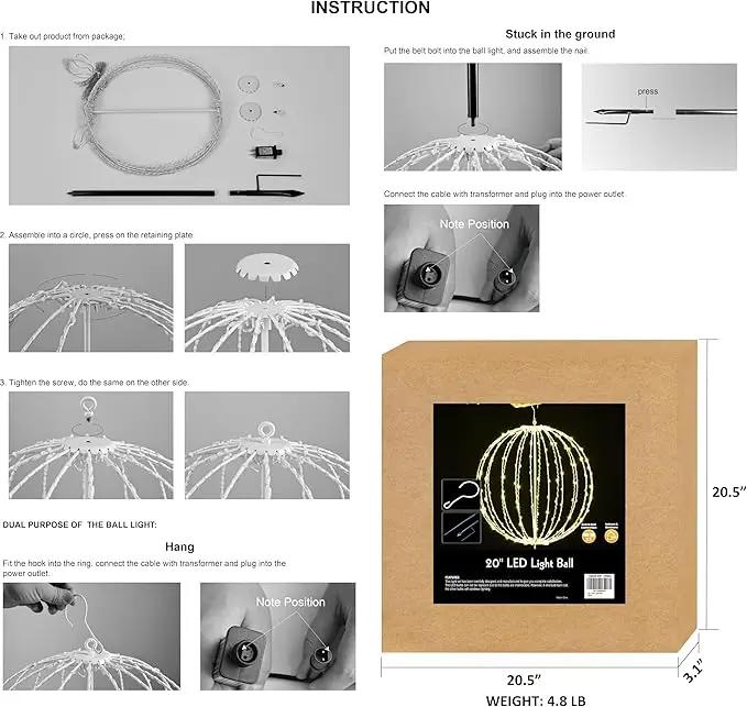 LIGHTSHARE 20IN 200LED Light Ball Yard Decoration Pathway Lights Sphere Light Fold Flat Metal Frame Indoor Outdoor Waterproof Garden Lights, Plug in by GreenHaven Gardens