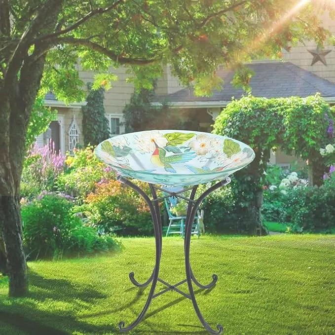 VCUTEKA 18" Outdoor Glass Birdbath with Sturdy Metal Stand for Lawn, Yard, or Garden Decor Bird Lovers Gift, Hummingbird Bird Bath Detachable, 22" Height by GreenHaven Gardens