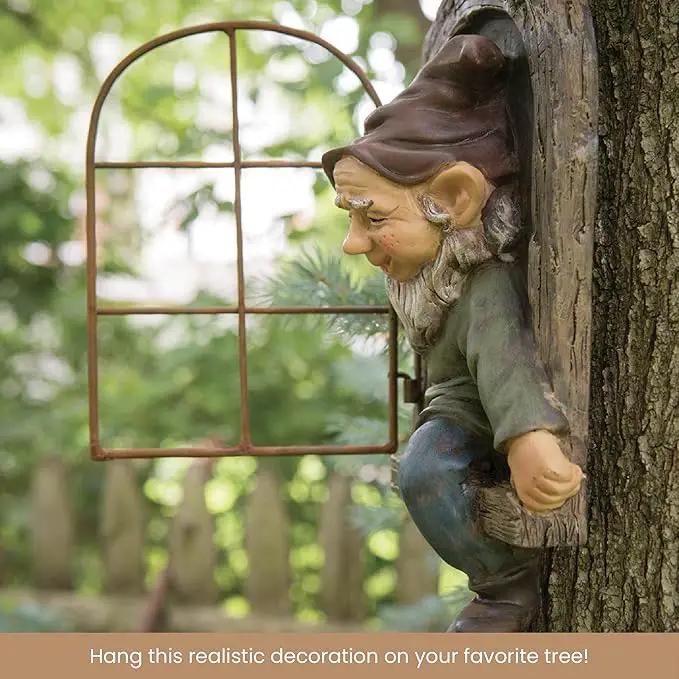 Bits and Pieces - 12-inch Elf Out The Door Tree Hugger - Yard Decorations - Whimsical Tree Sculpture - Garden Decoration - Garden Peeker Yard Art by GreenHaven Gardens