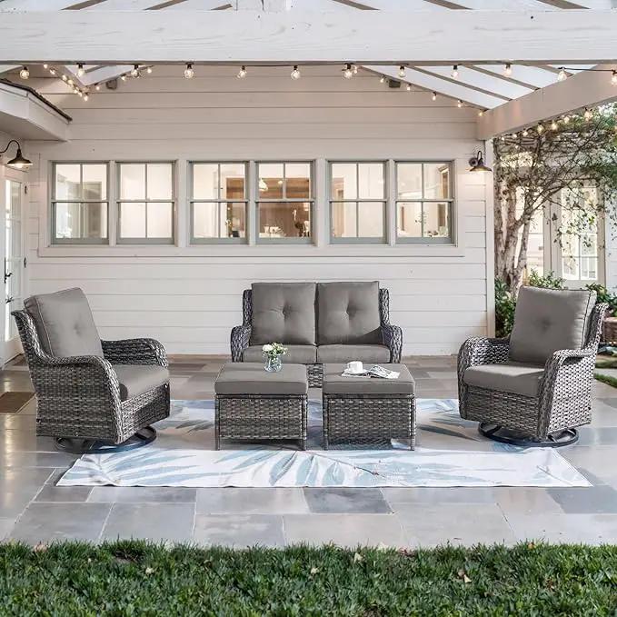 5 Piece Outdoor Patio Furniture Set - Wicker Furniture Patio Conversation Set, Outdoor Swivel Rocker Chairs with Loveseat Sofa and 2 Ottomans for Small Space, Gray Cushion by GreenHaven Gardens