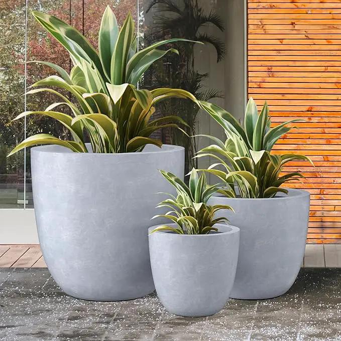 Kante 18",14",10" Dia Concrete Round Planters (Set of 3), Outdoor Indoor Large Planter Pots with Drainage Hole and Rubber Plug for Home Patio Garden, Slate Gray by GreenHaven Gardens