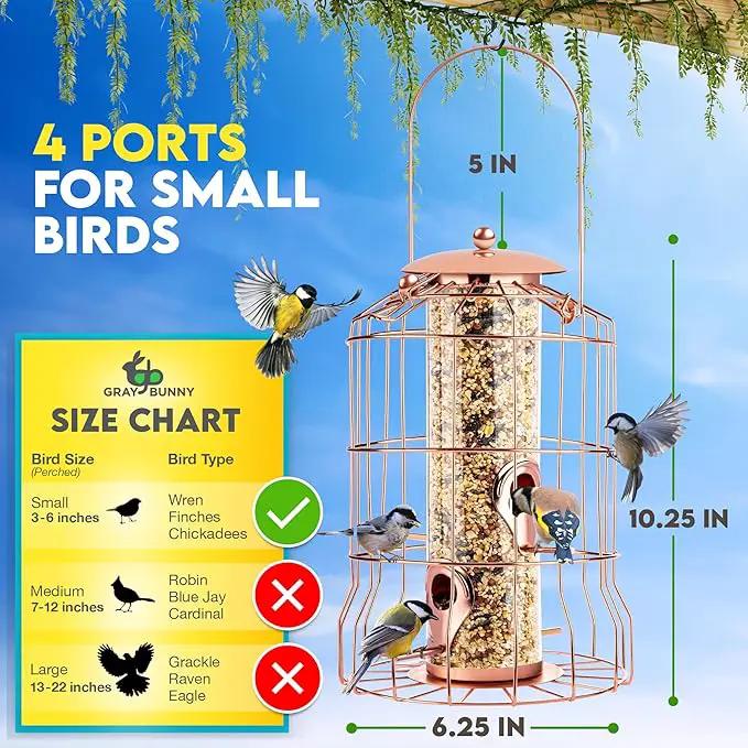 Squirrel Proof Bird Feeder for Outdoors Hanging (Metal Rose Gold) Bird Feeder with 4 Ports, Chew-Proof & Weather Resistant, Backyard Gift (10.25 x 6.25 x 6.25 inches) by GreenHaven Gardens