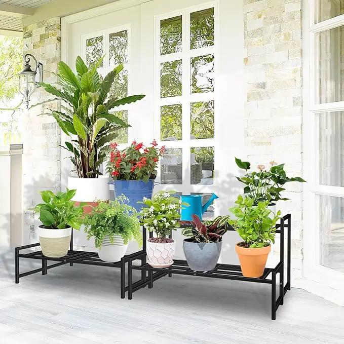 Plant Stand Indoor Outdoor, 2-Tier Wrought Iron Plant Stands, Stackable Metal Plant Shelf Decorative Outdoor Flower Stand Heavy Duty Pedestal Stands for Garden Deck Living Room, Black by GreenHaven Gardens