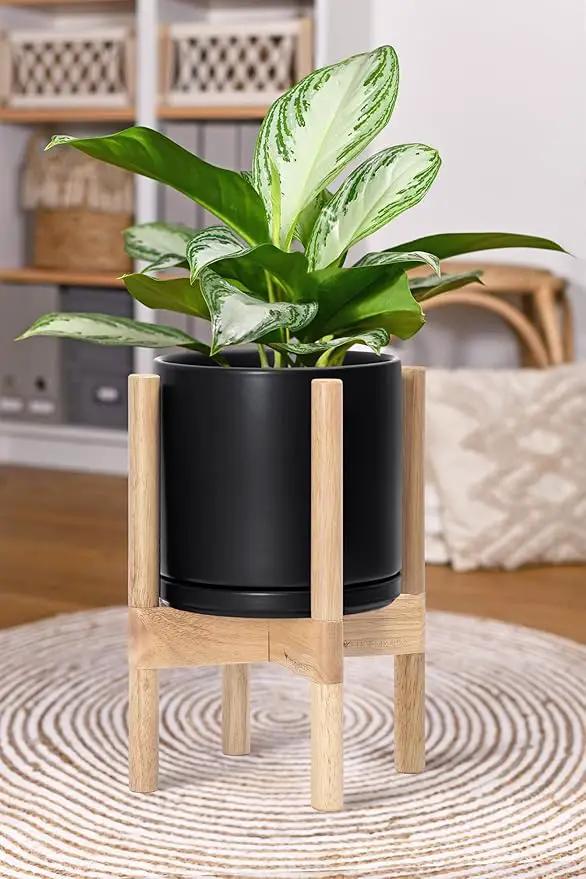D'vine Dev Ceramic Planter with Natural Stand - 8 Inch Modern Round Flower Pot with Wood Planter Holder, Black, 55-B-N-2 by GreenHaven Gardens