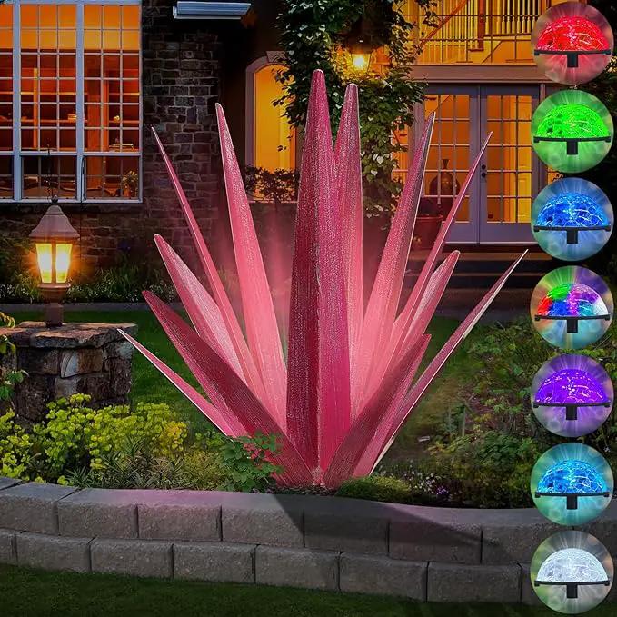 Large Tequila Rustic Sculpture, Rustic Metal Agave Plants for Outdoor Patio Yard, Home Decor Hand Painted Metal Agave Garden Yard Statue, Outdoor Lawn Ornaments (Rose Red - L (W/Solar Light)) by GreenHaven Gardens