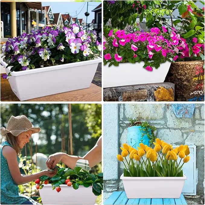 Window Box Planter, 7 Pack Plastic Vegetable Flower Planters Boxes 17 Inches Rectangular Flower Pots with Saucers for Indoor Outdoor Garden, Patio, Home Decor (White) by GreenHaven Gardens