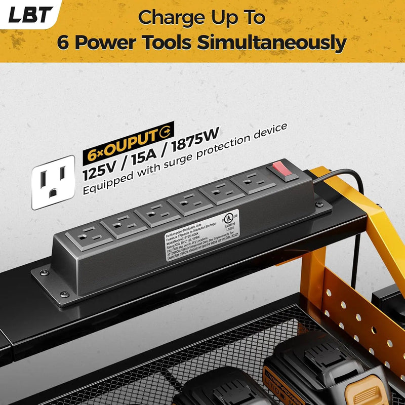 LBT Power Tool Organizer With Charging Station,Patented,Heavy Duty Steel,6 Drilling Rig Sizes With Hooks And Screw Boxes,6 sockets,Easy To Install Garage Storage Rack,Great Gift For Men, Yellow by GreenHaven Gardens