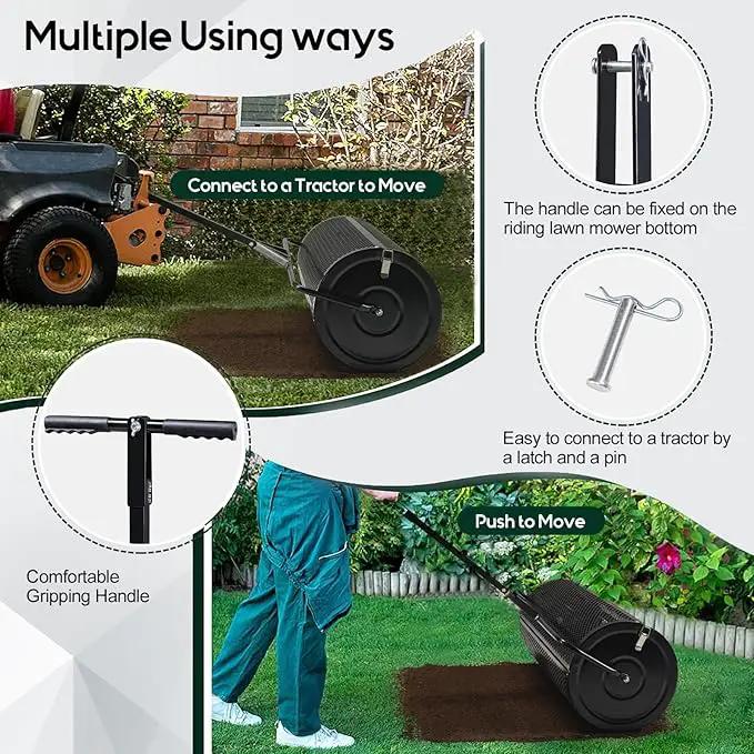 Compost and Peat Moss Spreader with Updated 2 in 1 ATV & T Shaped Handle, 16”WX48”L, Lawn and Garden Peat Moss Roller w/Laser Cutting Wire Mesh Baskets for Spreading Manure, Topsoil by GreenHaven Gardens