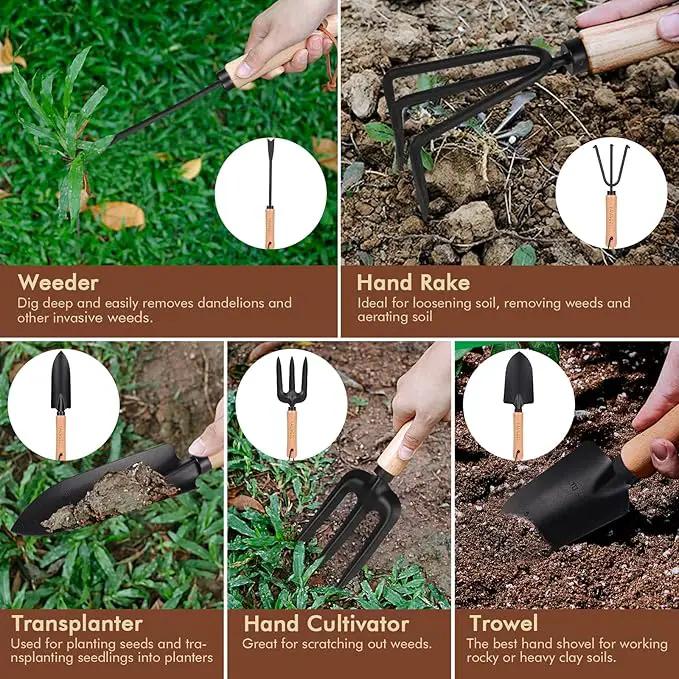 YAUNGEL Garden Tools - 10Pcs Garden Tool Set Heavy Duty Stainless Steel Gardening Supplies Hand Tools with Wooden Handle, Storage Tote Bag, Ideal Gardening Gifts for Women and Men, Black by GreenHaven Gardens